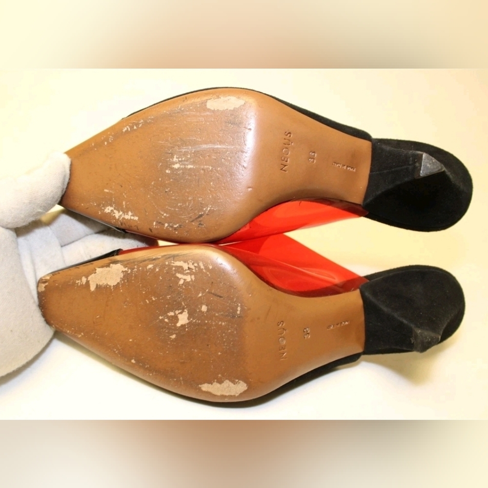 NEOUS GORGEOUS Italy Made Black Red Acetate Suede Mules Pumps Heels 38 8 - Picture 11 of 16